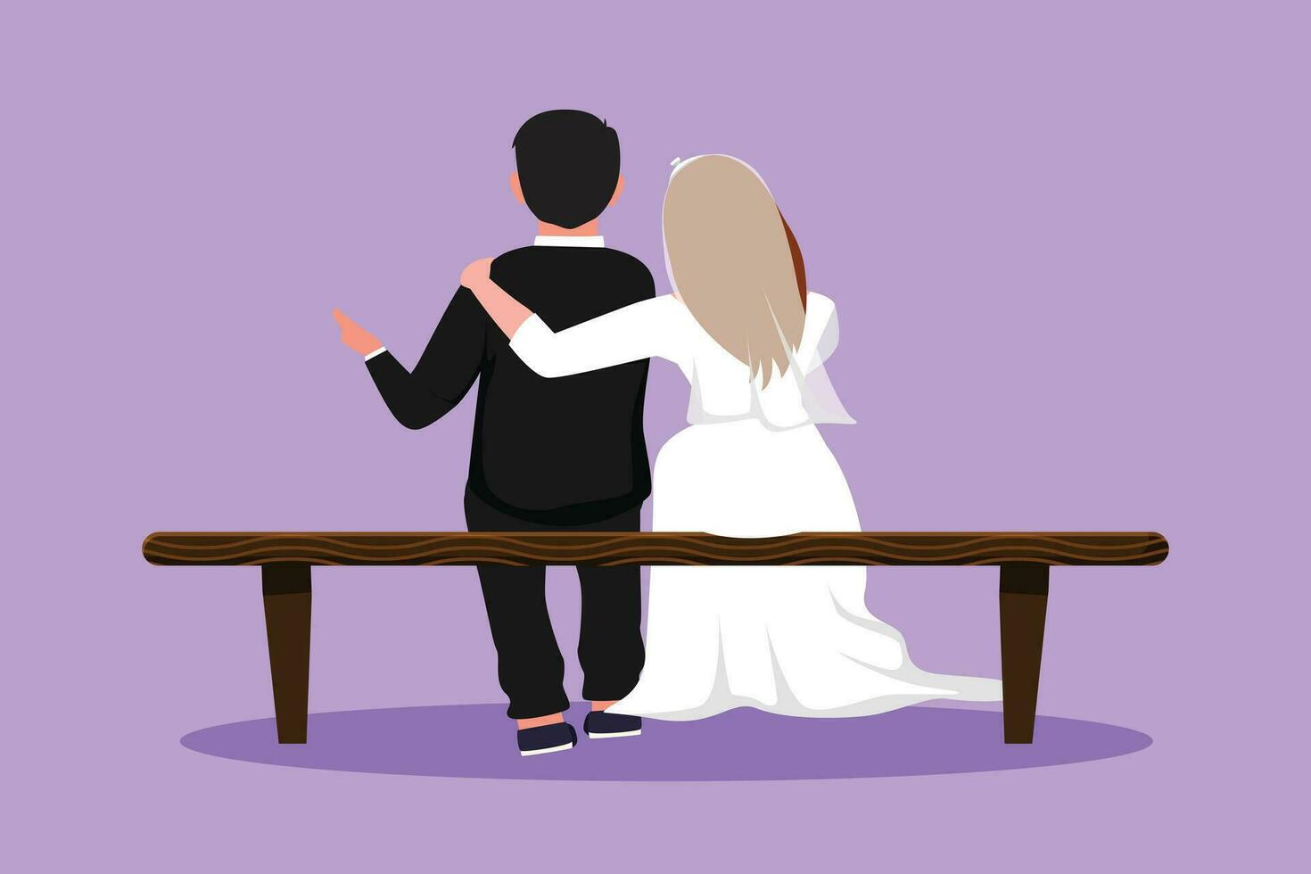 dibujos animados plano estilo dibujo espalda ver de abrazando casado Pareja sentado en banco a parque. linda Pareja en relación en amor. contento hombre abrazando su compañero mujer. gráfico diseño vector ilustración