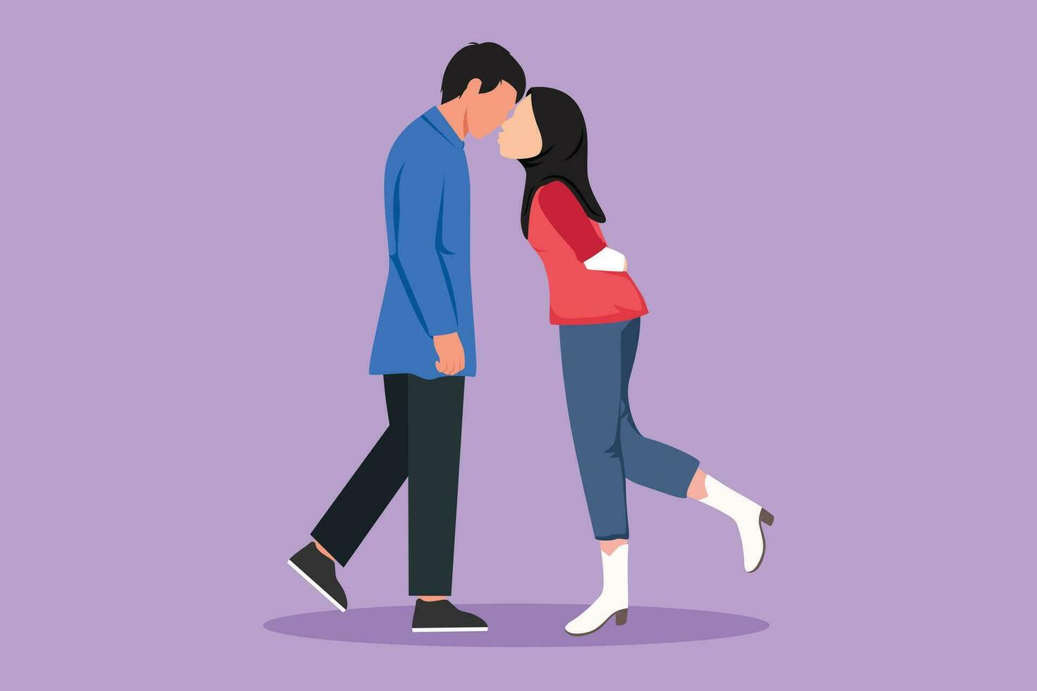 Character flat drawing cute boy and girl standing and kissing each other. Kissing couple of young lovers. Romantic Arab couple in love celebrate wedding anniversary. Cartoon design vector illustration