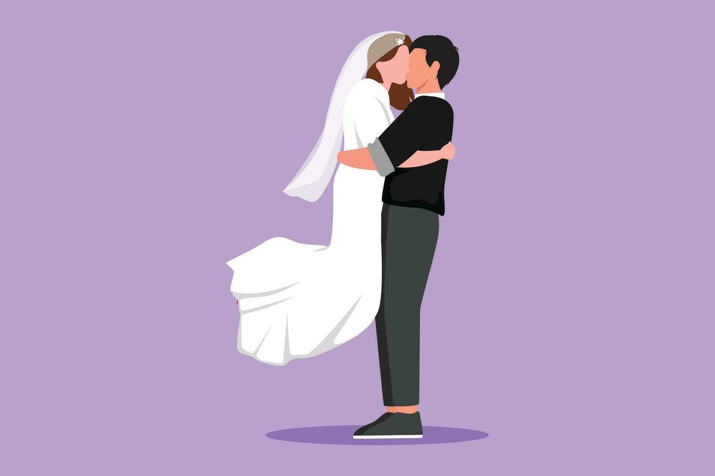 Cartoon flat style drawing of romantic married couple in love kissing and hugging with wedding dress. Man carrying a jumping beautiful woman in wedding celebration. Graphic design vector illustration