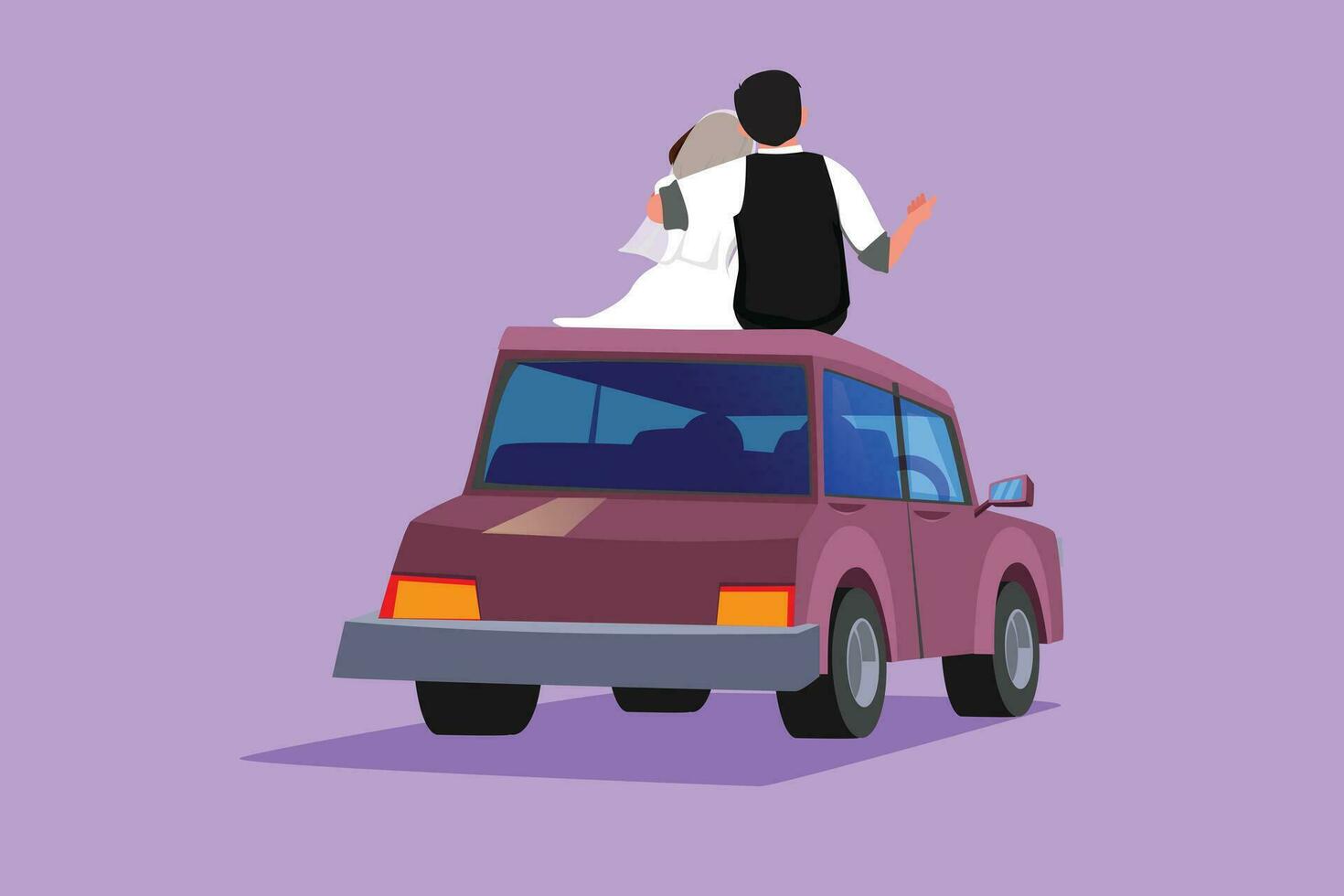 Character flat drawing back view of married lovers sitting on roof of car and look at romantic scenery. Happy man and pretty woman celebrating wedding anniversary. Cartoon design vector illustration