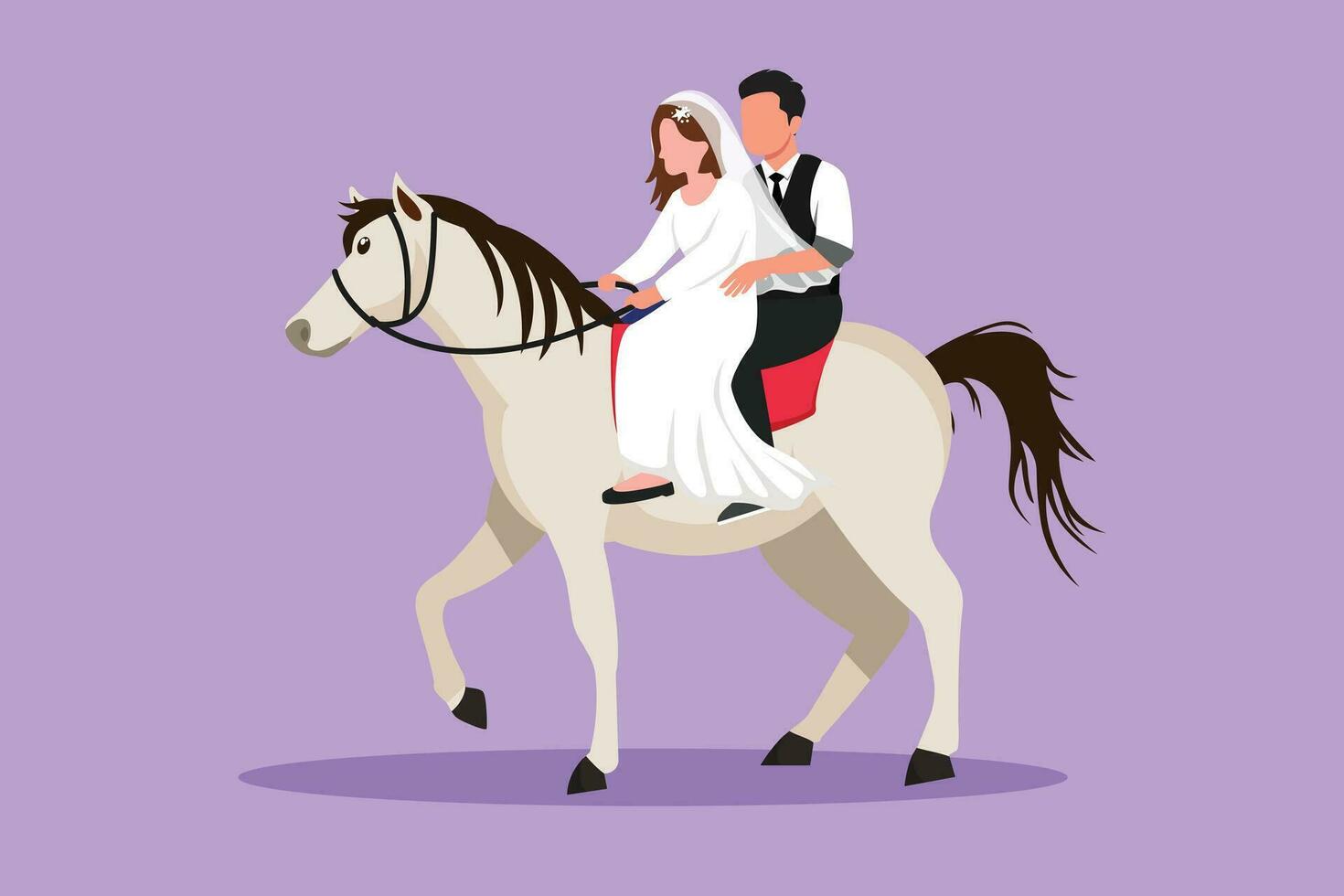 Graphic flat design drawing married couple in love horseback riding with wedding dress. Man making proposal marriage to beautiful woman. Engagement and love relation. Cartoon style vector illustration