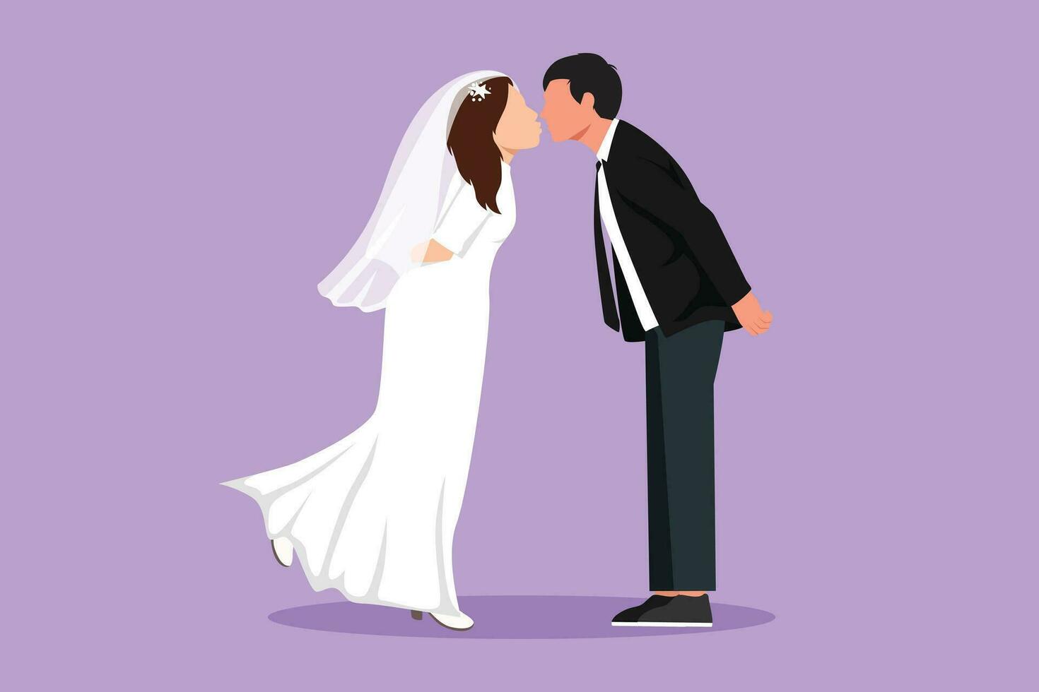 gráfico plano diseño dibujo romántico casado Pareja en amor y besando contento hombre vistiendo traje y bonito mujer con Boda vestir celebrando Boda aniversario. dibujos animados estilo vector ilustración