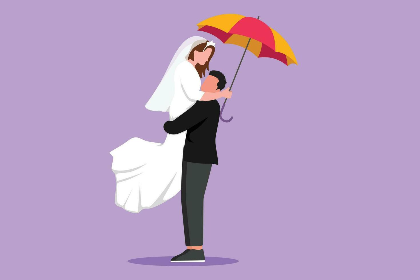 Graphic flat design drawing couple in love under rain with umbrella. Happy man and woman at park and jumping with wedding dress. Married couple romantic relationship. Cartoon style vector illustration