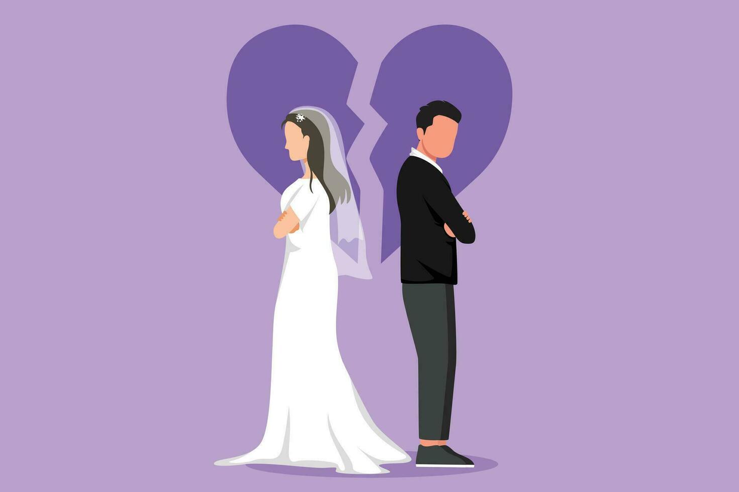 dibujos animados plano estilo dibujo divorciado casado Pareja son enojado, frustración. relación descanso arriba, roto corazón, Pareja frente a opuesto dirección con Boda vestido. gráfico diseño vector ilustración