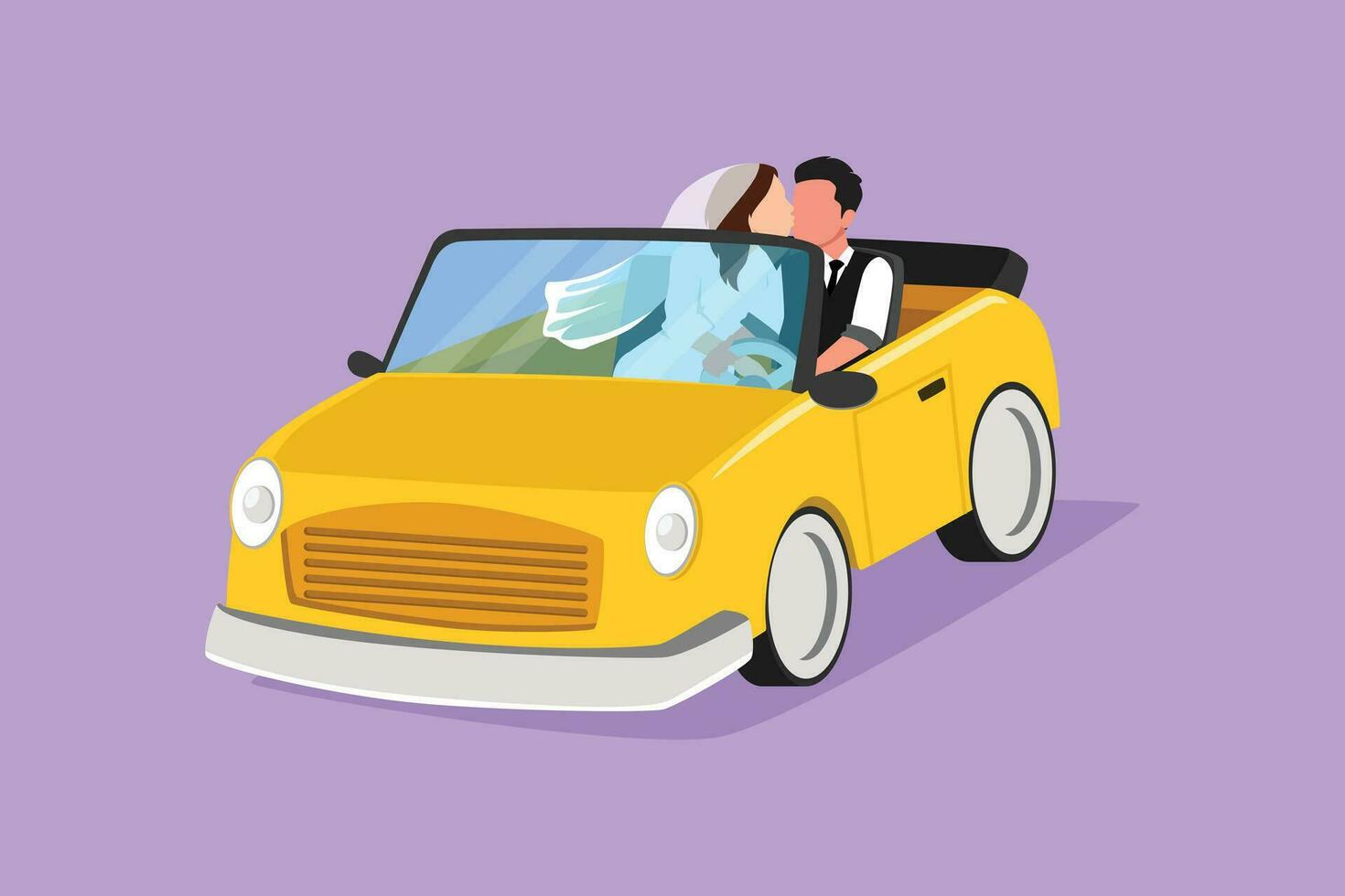 Cartoon flat style drawing romantic married couple riding car going on road trip. Man and woman driving in cabriolet car with wedding dress for honeymoon vacation. Graphic design vector illustration