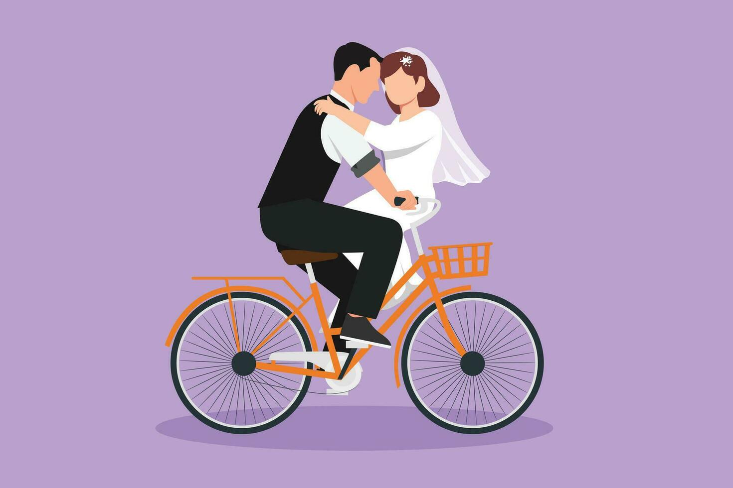 Cartoon flat style drawing happy married man and beauty woman riding bicycle face to face in wedding day. Cute romantic couple riding bicycle together at city park. Graphic design vector illustration