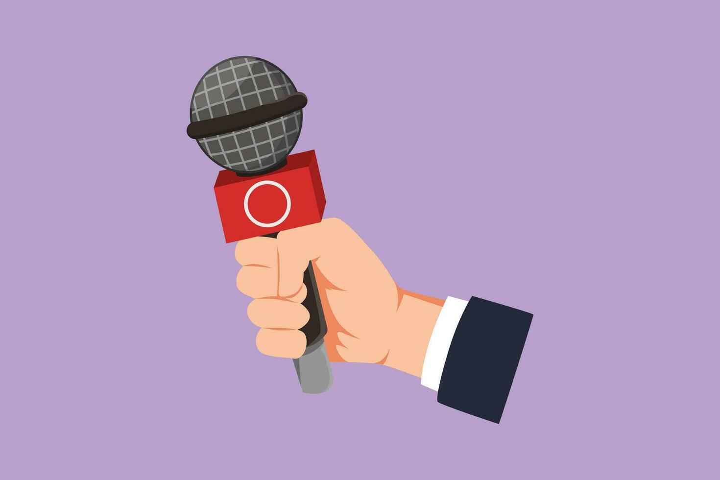 Cartoon flat style drawing visual on global news, journalism, live press report or interview with hand holding microphone and abstract media icon, logo, and symbols. Graphic design vector illustration
