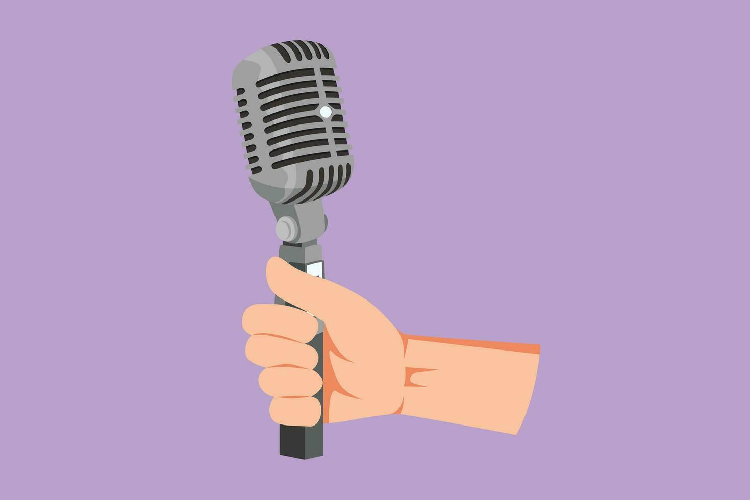 Graphic flat design drawing hand with a retro microphone logo, icon, symbol. Vintage engraving stylized drawing. Karaoke man sings the song to old style microphone. Cartoon style vector illustration