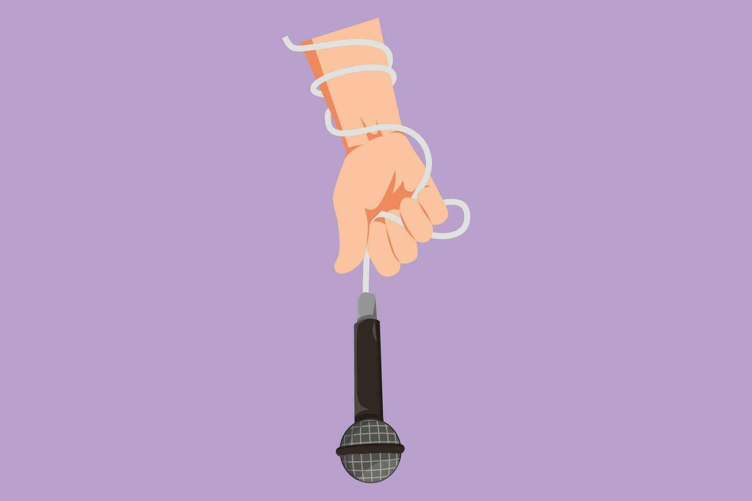 Cartoon flat style drawing hand holding microphone with lead wrapped around wrist. Man hands holding microphone in his hand with style at karaoke singer sings song. Graphic design vector illustration