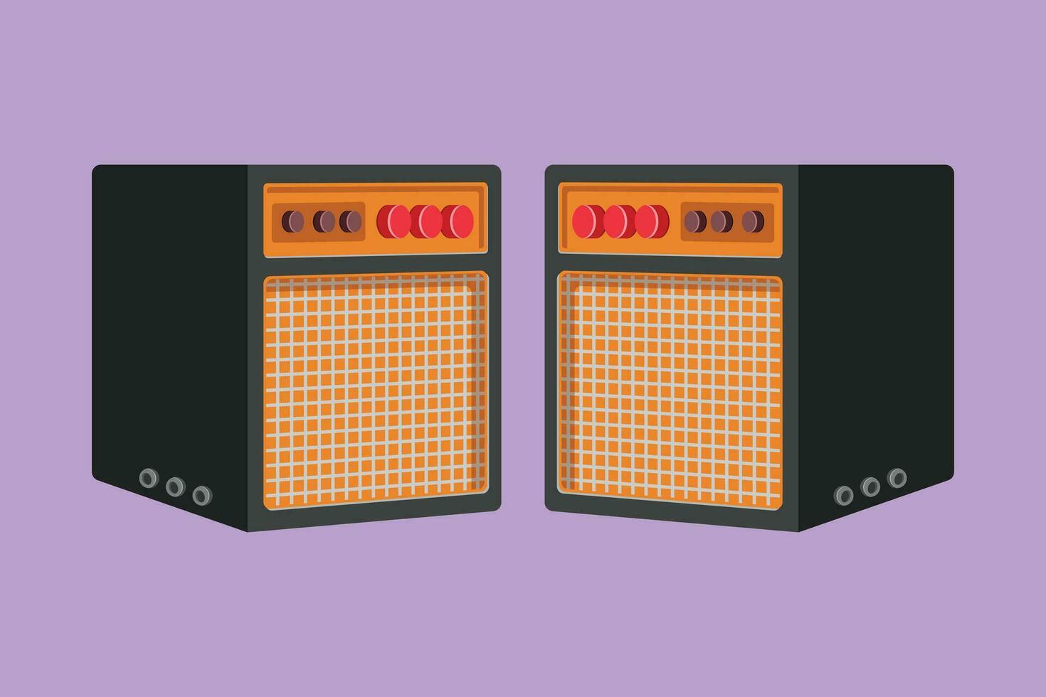 Graphic flat design drawing stylized two music system speakers icon, logo, label, symbol. Musical equipment grunge image of speaker flat design element banner poster. Cartoon style vector illustration