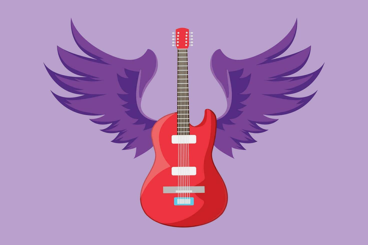 Cartoon flat style drawing rock and roll electric guitar with wings. Vintage label, icon, logotype guitar for musical performance. Rock sign for music festival logo. Graphic design vector illustration