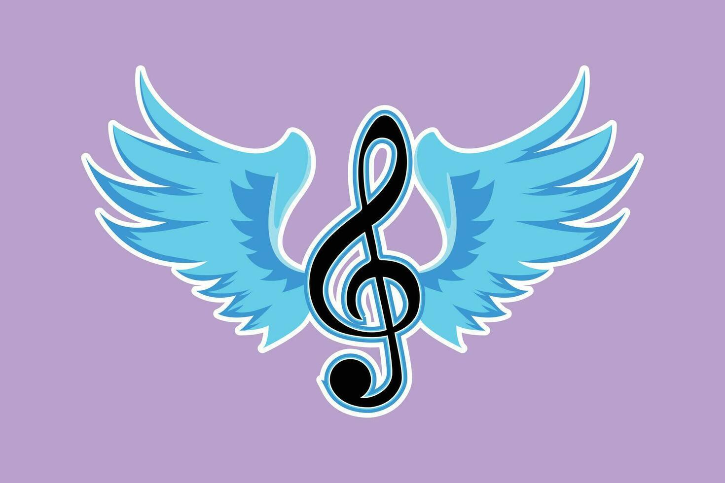 Character flat drawing of treble clefs with wings isolated on blue background. Winged feather violin clef or music symbol. Musical logo icon for musical performance. Cartoon design vector illustration