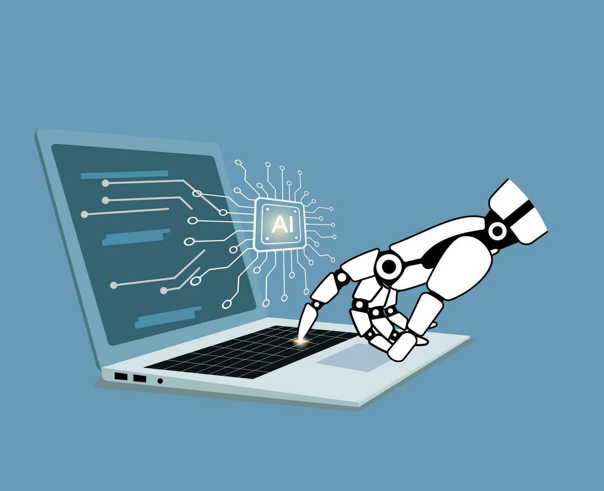 robot hand using laptop, hand of robot touching on big data network vector