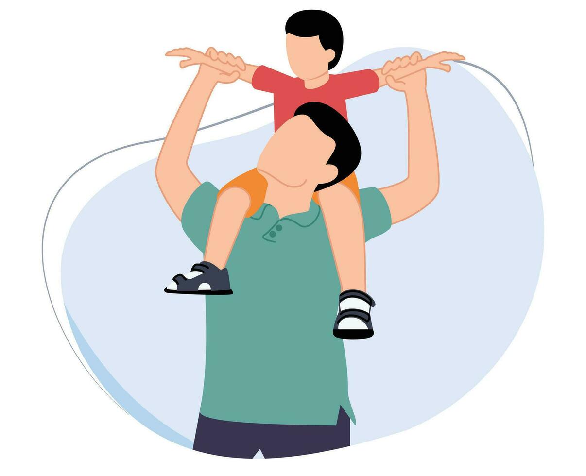 happy fathers day or father carrying his son on his shoulders vector