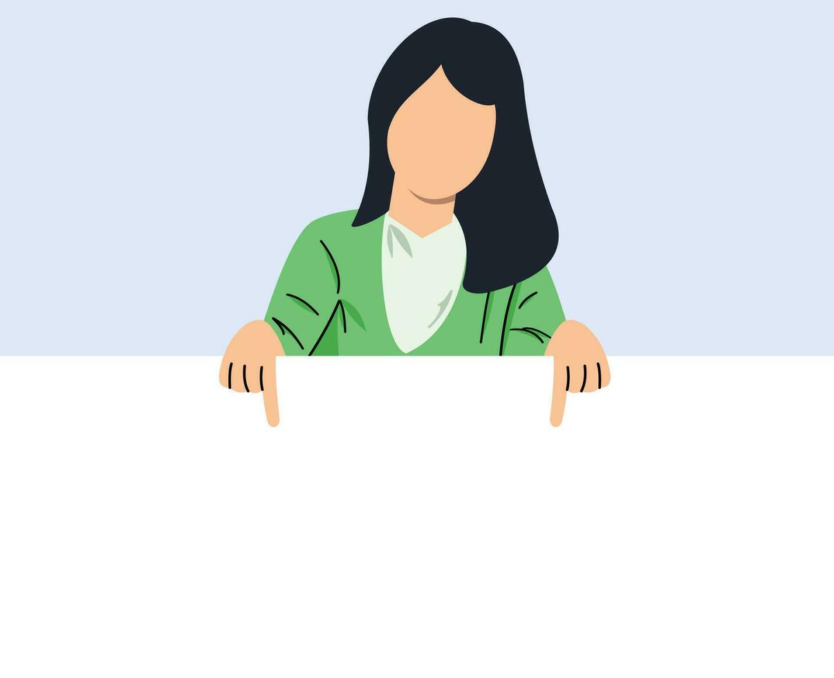 young woman indicating finger empty space banner proposition product placement isolated on blue color background vector