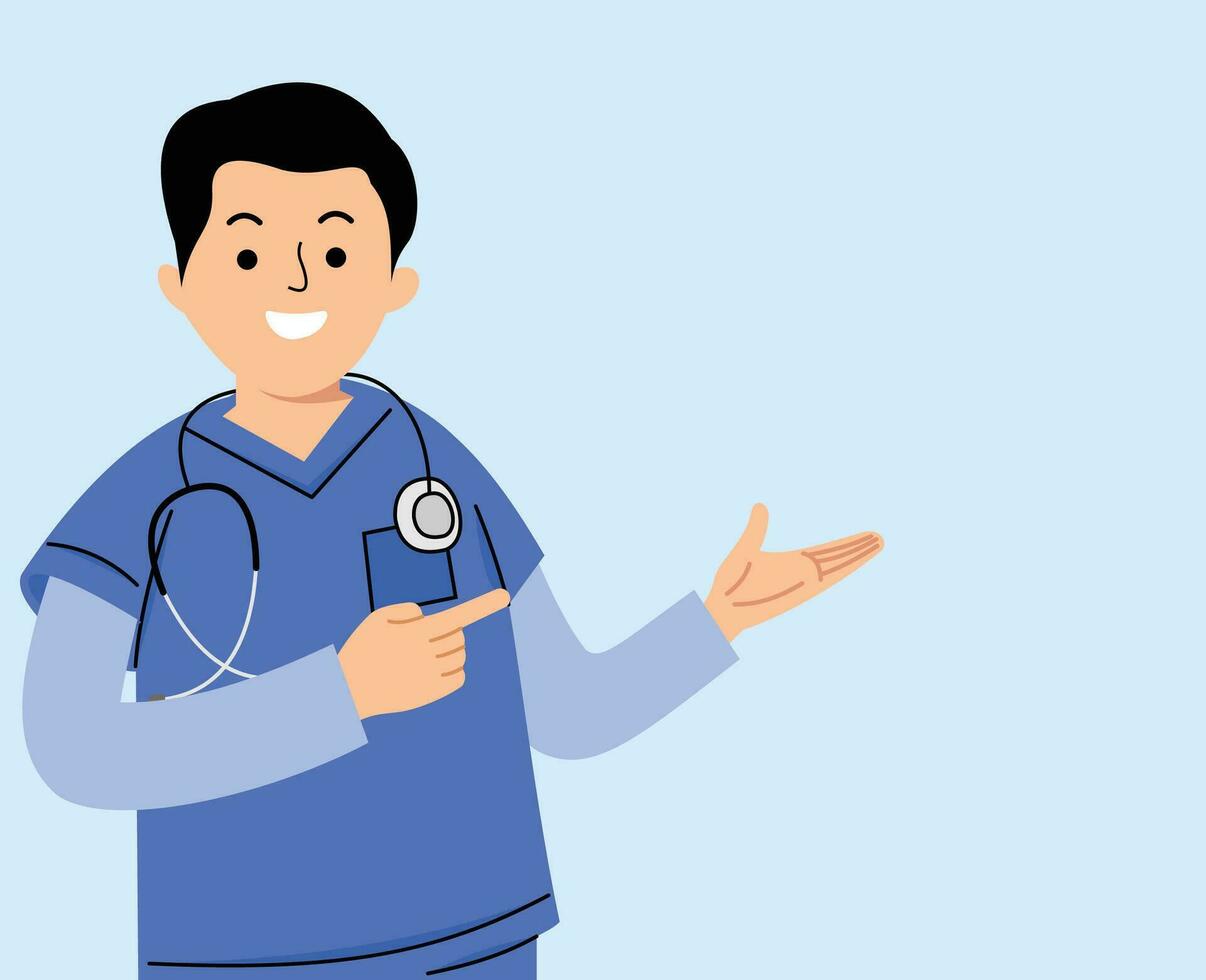 male nurse pointing towards empty room for presentation vector