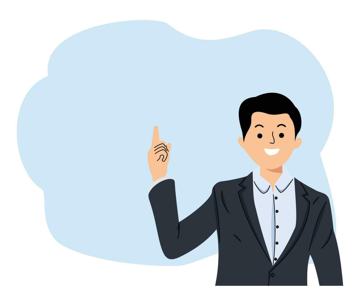 confident businessman in formal suit pointing finger up to indicate promotion or advertising with excited expression on isolated background vector