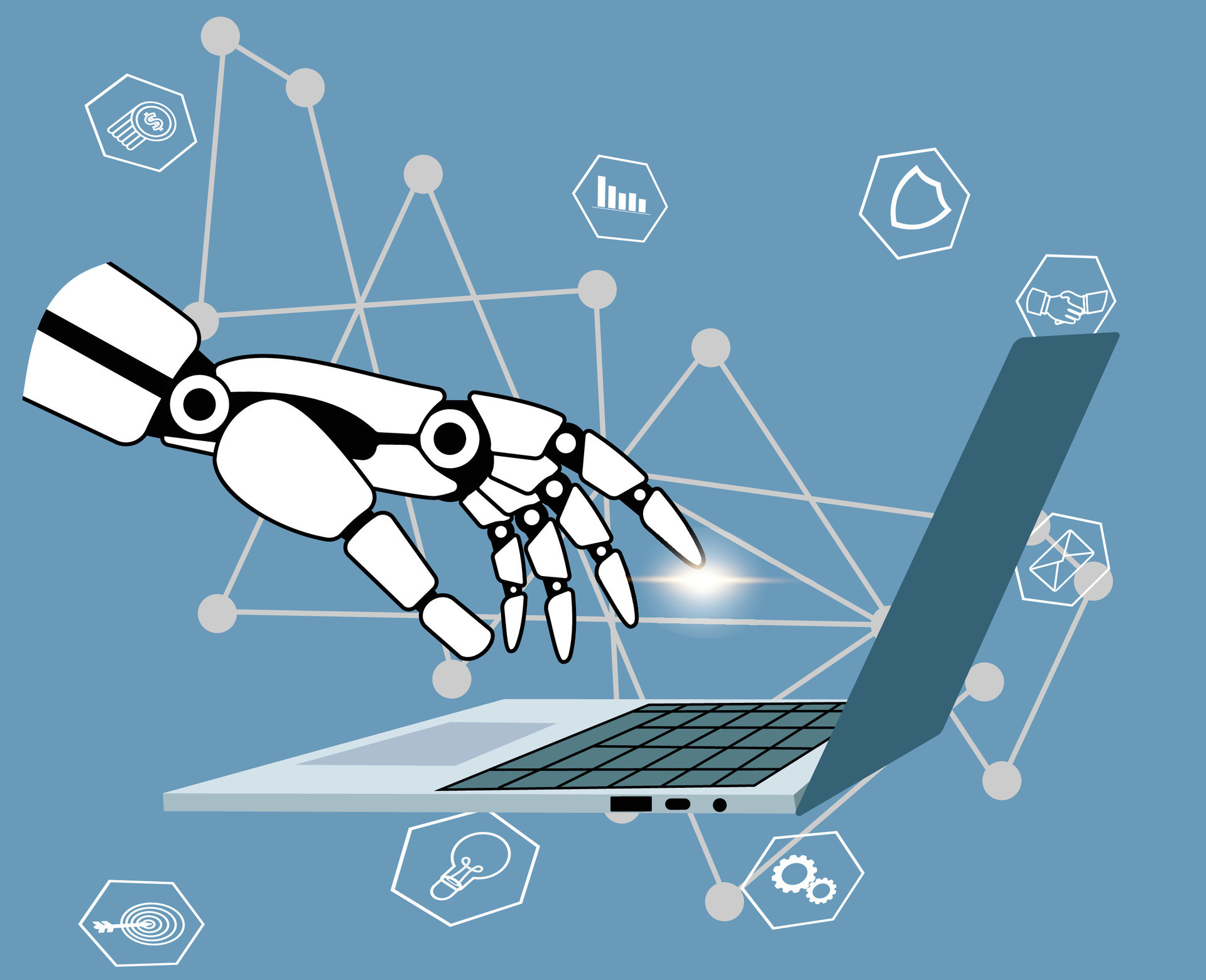 Hand of robot touching on big data network, revolution of AI, Science ...