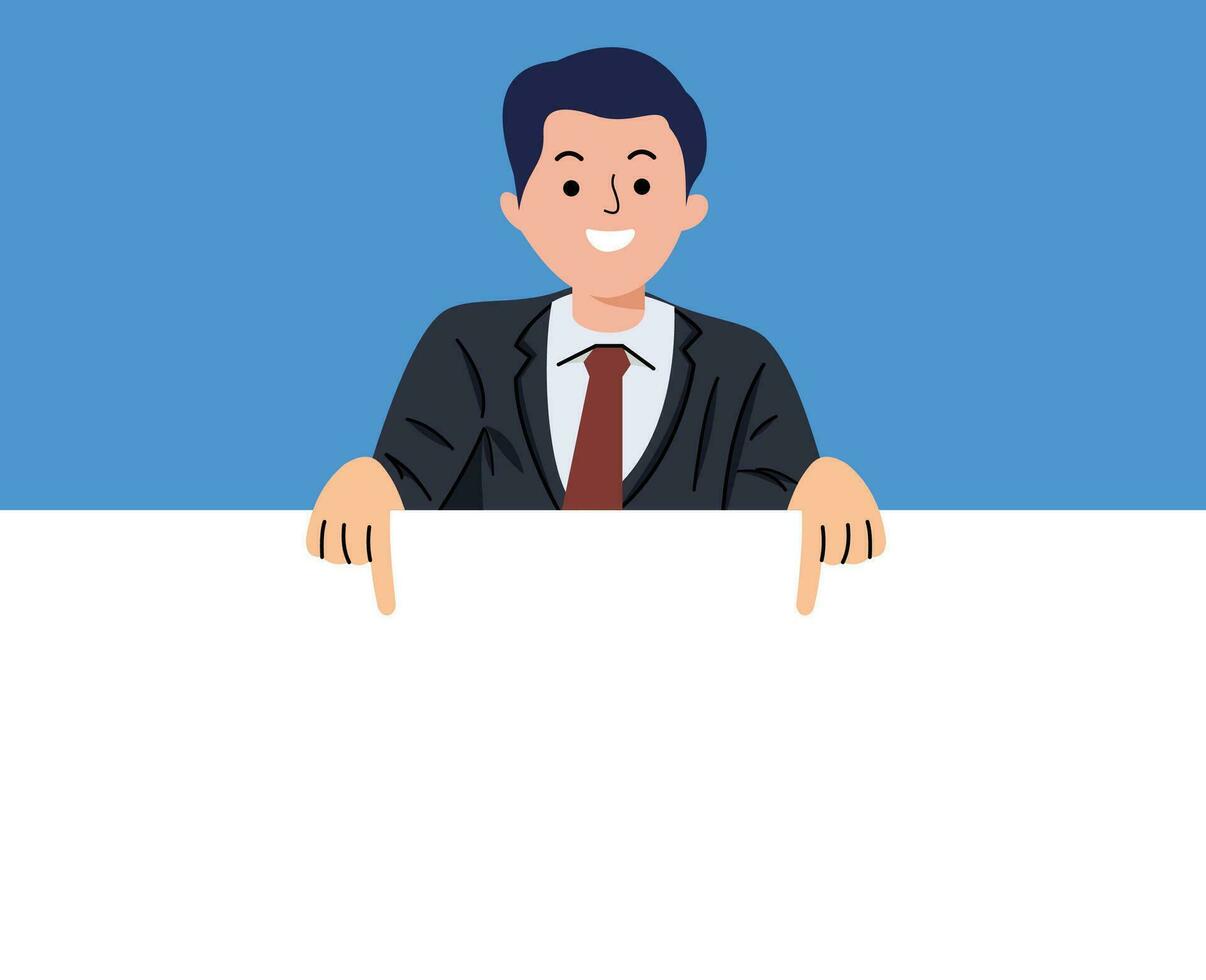 smiling charming young businessman pointing away at copy space isolated on blue background vector