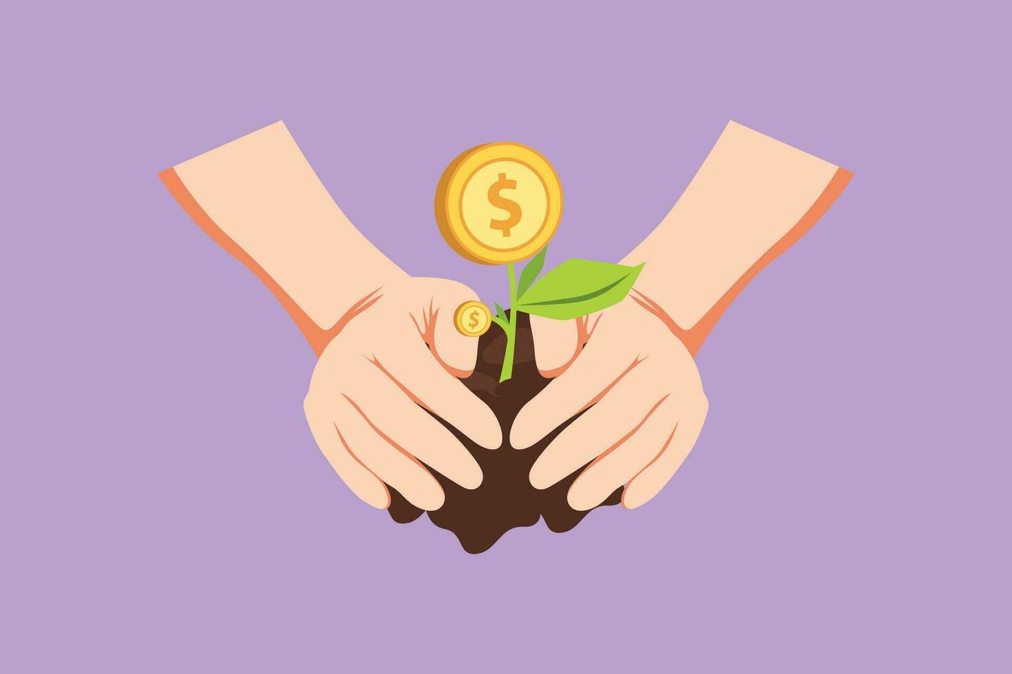 Cartoon flat style drawing farmer hands growing young money tree logo, icon, symbol. Money tree investment growth income interest savings economy financial business. Graphic design vector illustration