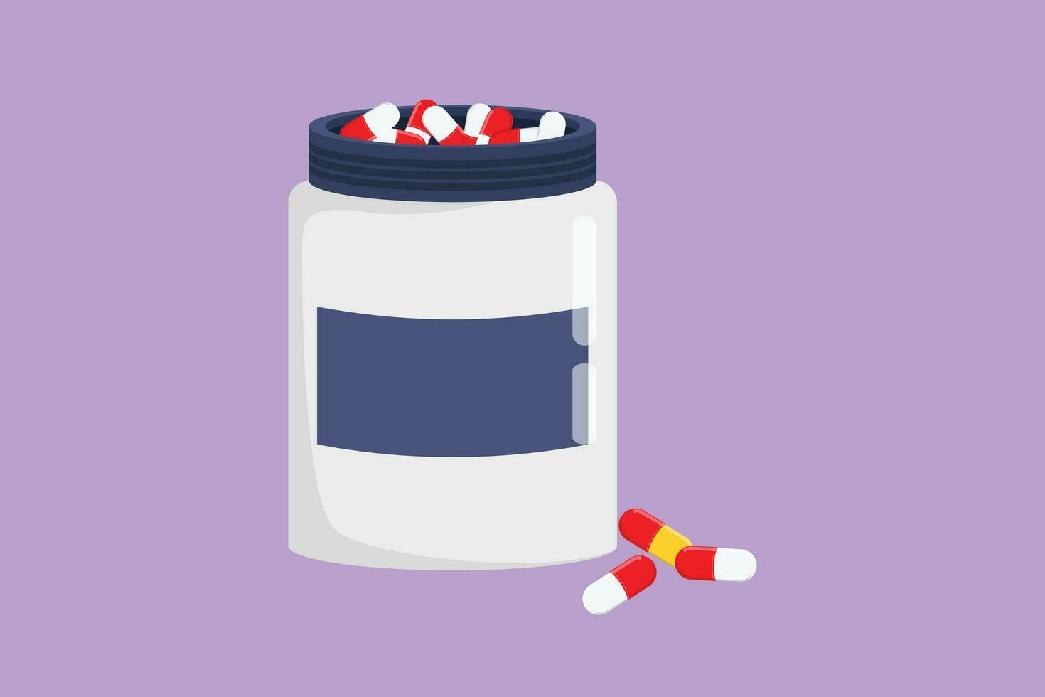 Cartoon flat style drawing pill bottle logo, symbol. Medical capsules container. Tablet pills medical drug pharmacy care and tablet pills antibiotic pharmaceutical. Graphic design vector illustration