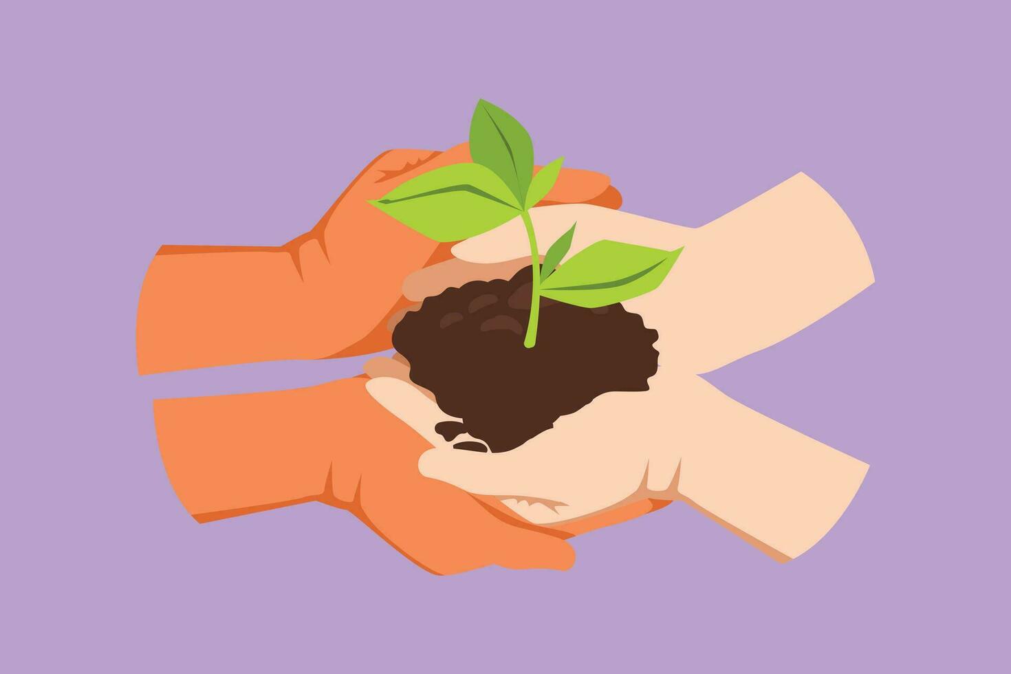 Character flat drawing top view of two hands holding together young of tree. Hand kids team work protecting and reduce global warming earth logo, icon, label symbol. Cartoon design vector illustration