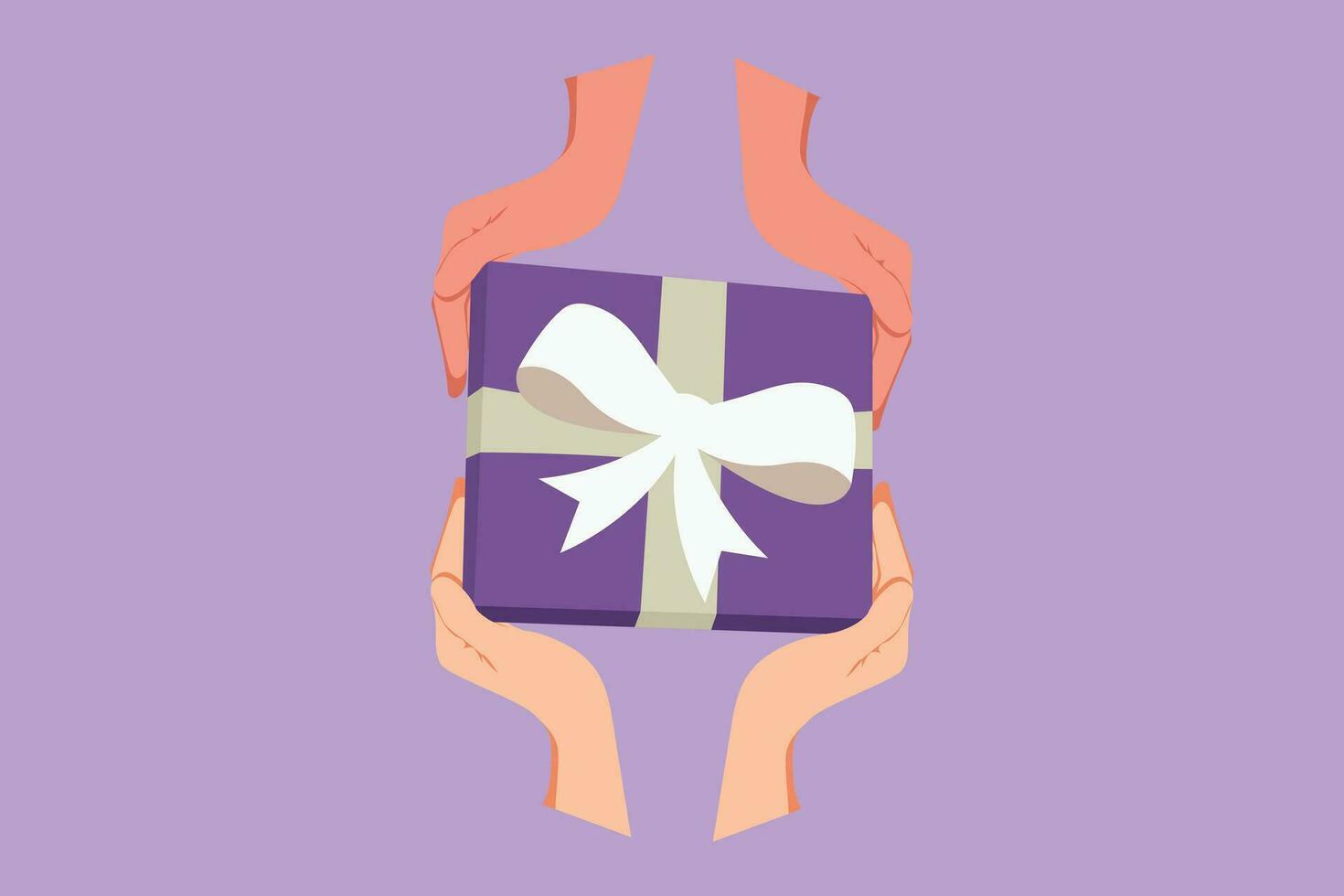 Graphic flat design drawing top view of happy couple hands gives gift box presents. Romantic surprise logo, icon, symbol. Birthday presents cardboard box with ribbon. Cartoon style vector illustration