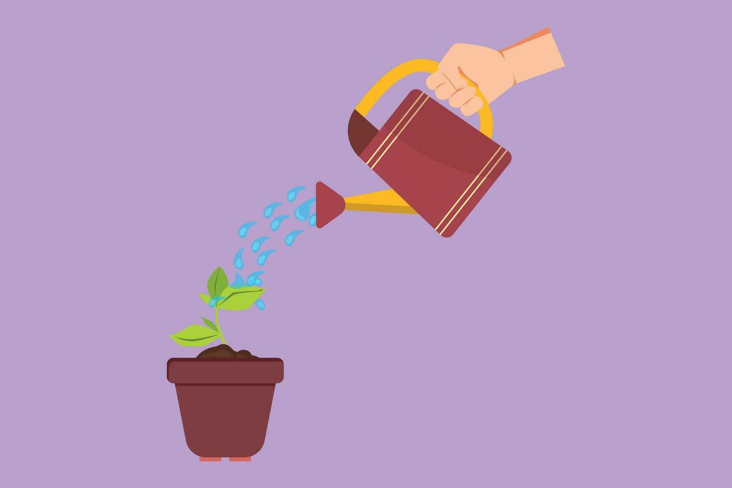 Graphic flat design drawing hand holding watering can watering plant at pot or ground symbol. Earth day save environment concept. Growing seedling forester planting. Cartoon style vector illustration