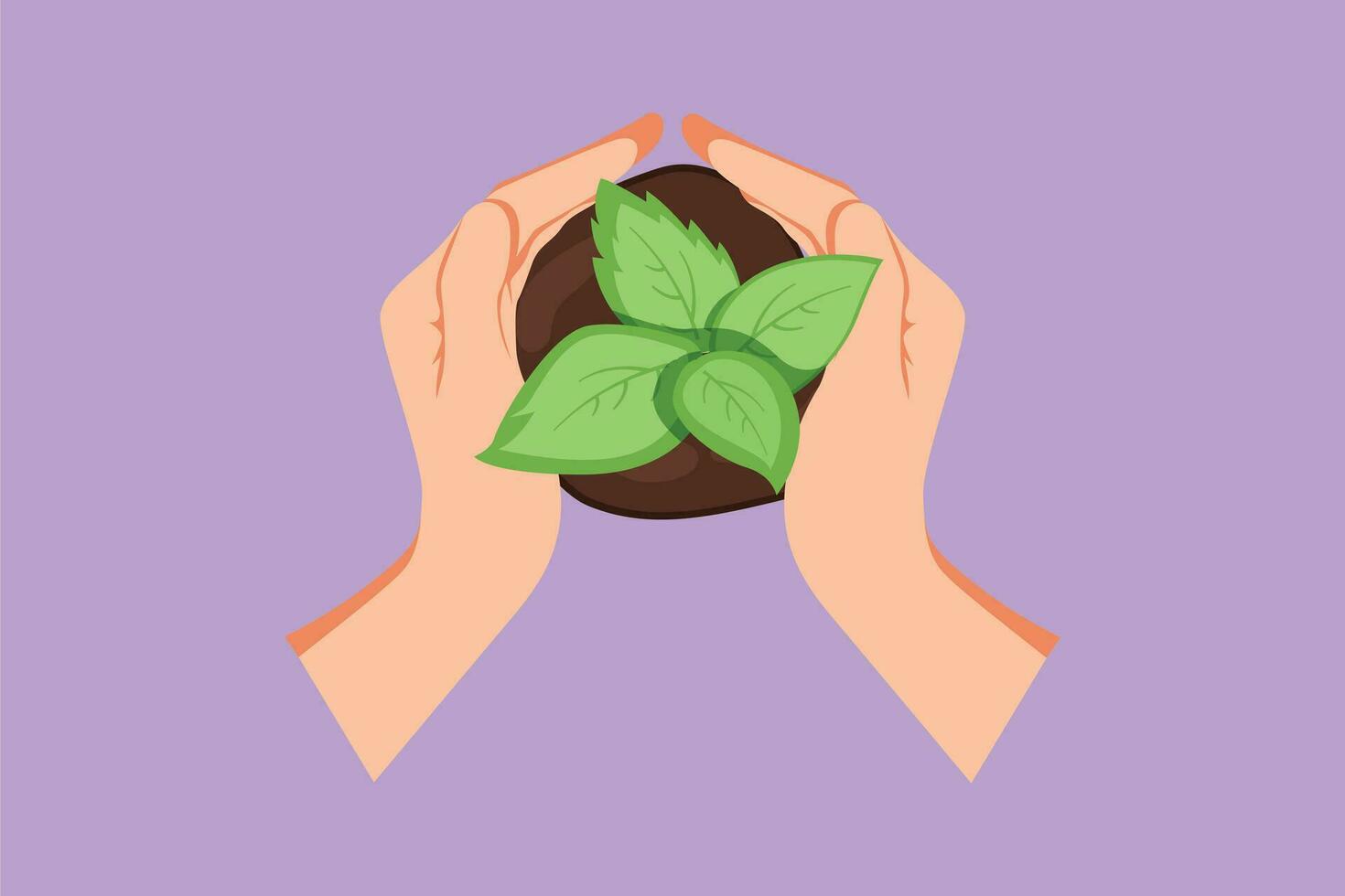 Cartoon flat style drawing top view two hands carrying bag of potting seedlings to be planted into soil. Environment earth day in hands of trees growing seedlings. Graphic design vector illustration