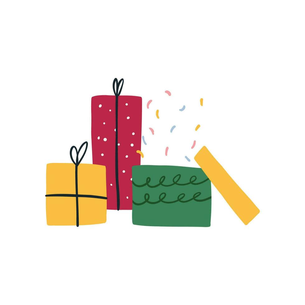 vistoso regalo cajas montón, dibujos animados plano vector ilustración aislado en blanco antecedentes. mano dibujado regalos con papel picado. cumpleaños o Navidad fiesta celebracion.