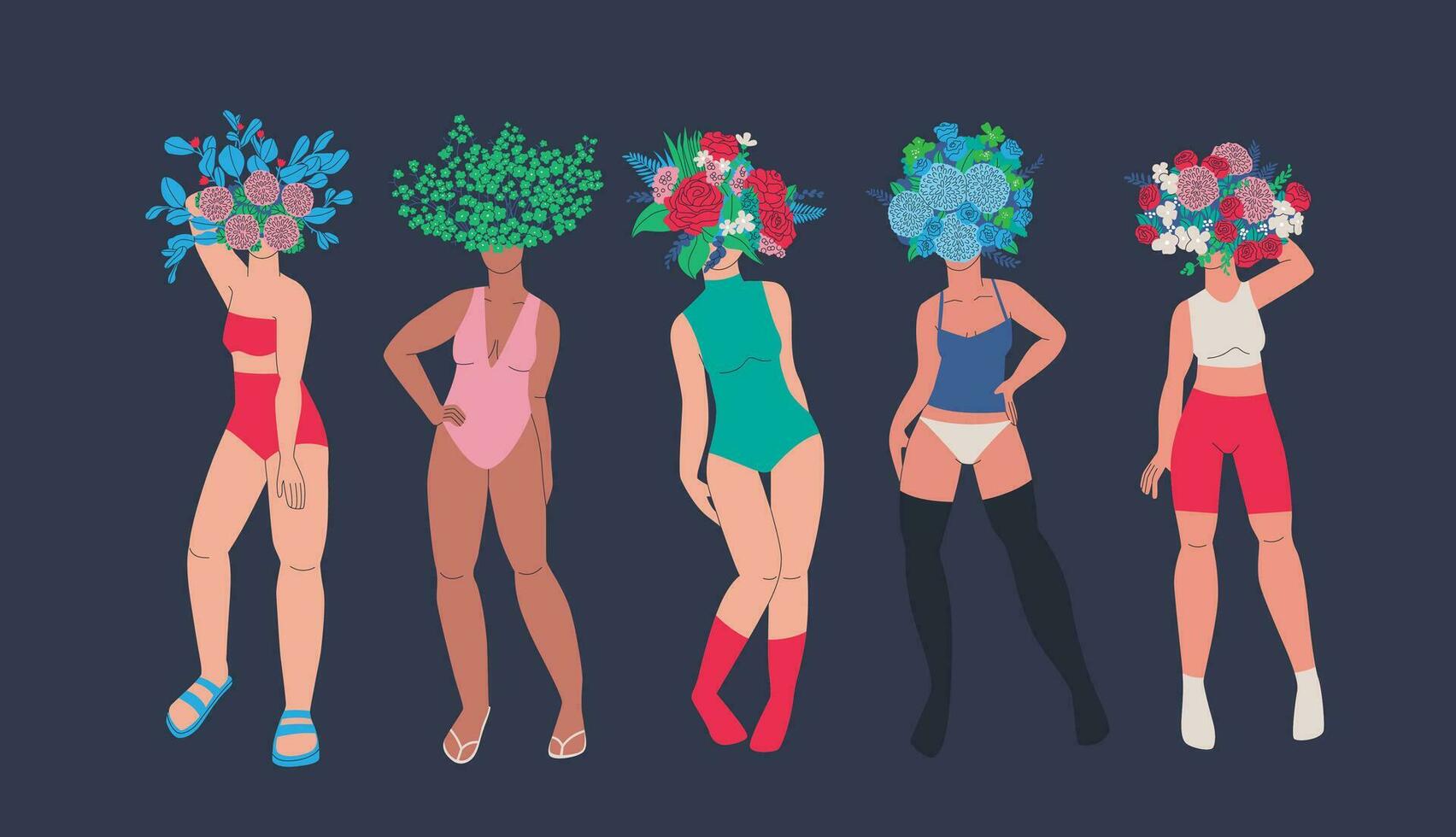 Women with huge bouquets of flowers on their heads. Beautiful female bodies in swimsuits or lingerie pose with various flowers and plants. Vector illustration.
