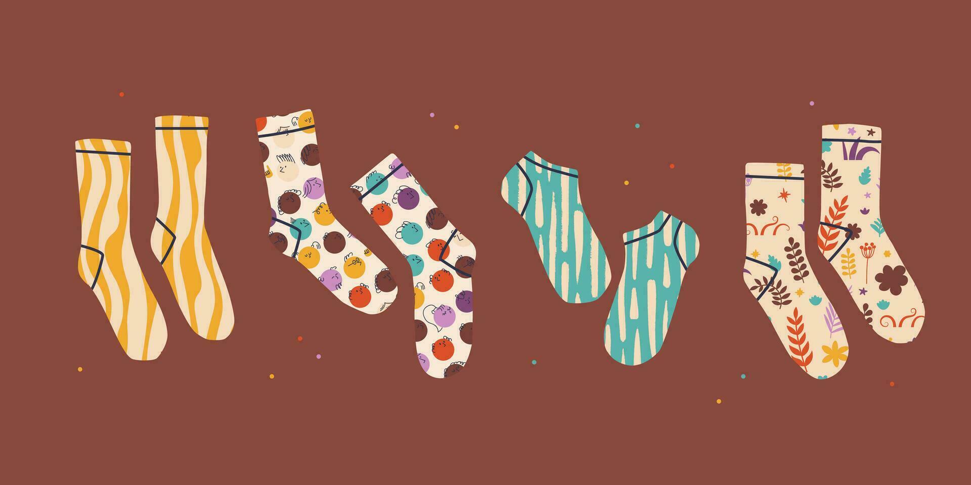 A set of different colored socks. Vector flat illustration for design. Accessories and elements of clothing.