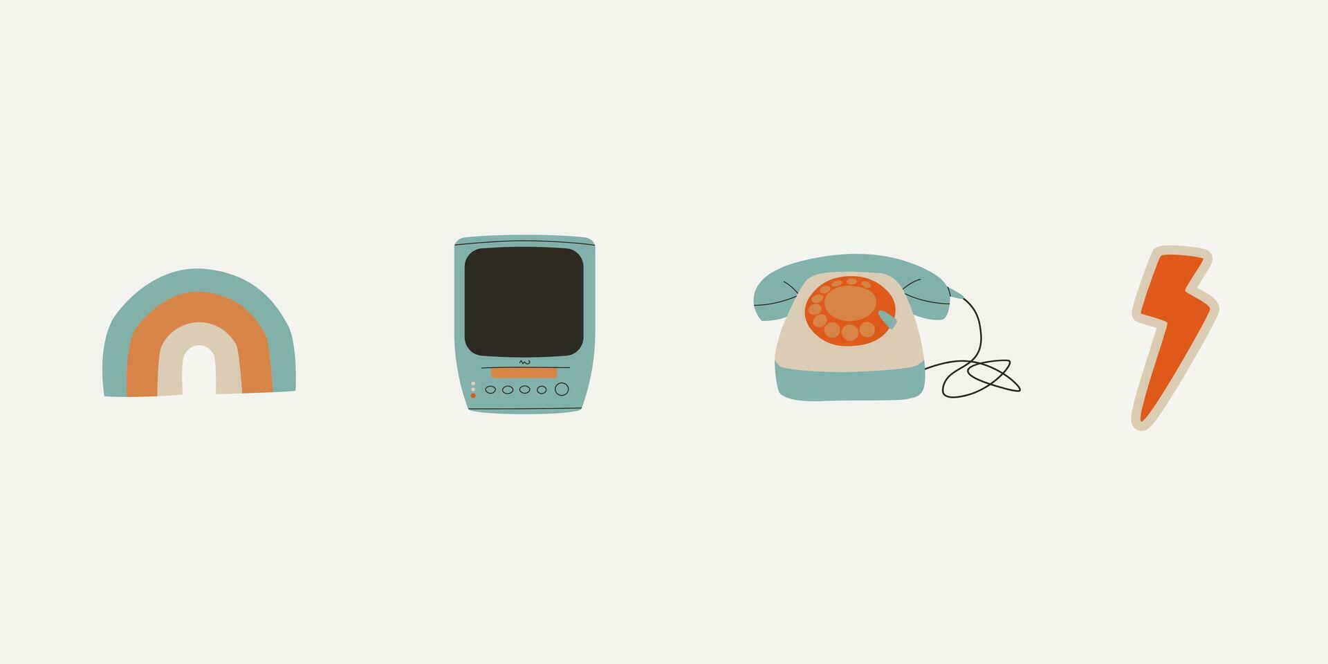 conjunto de retro elementos desde el Años 80 y años 90 televisión con vhs, arcoíris, teléfono fijo teléfono con circular discado, iluminación. vector plano tendencia ilustración.