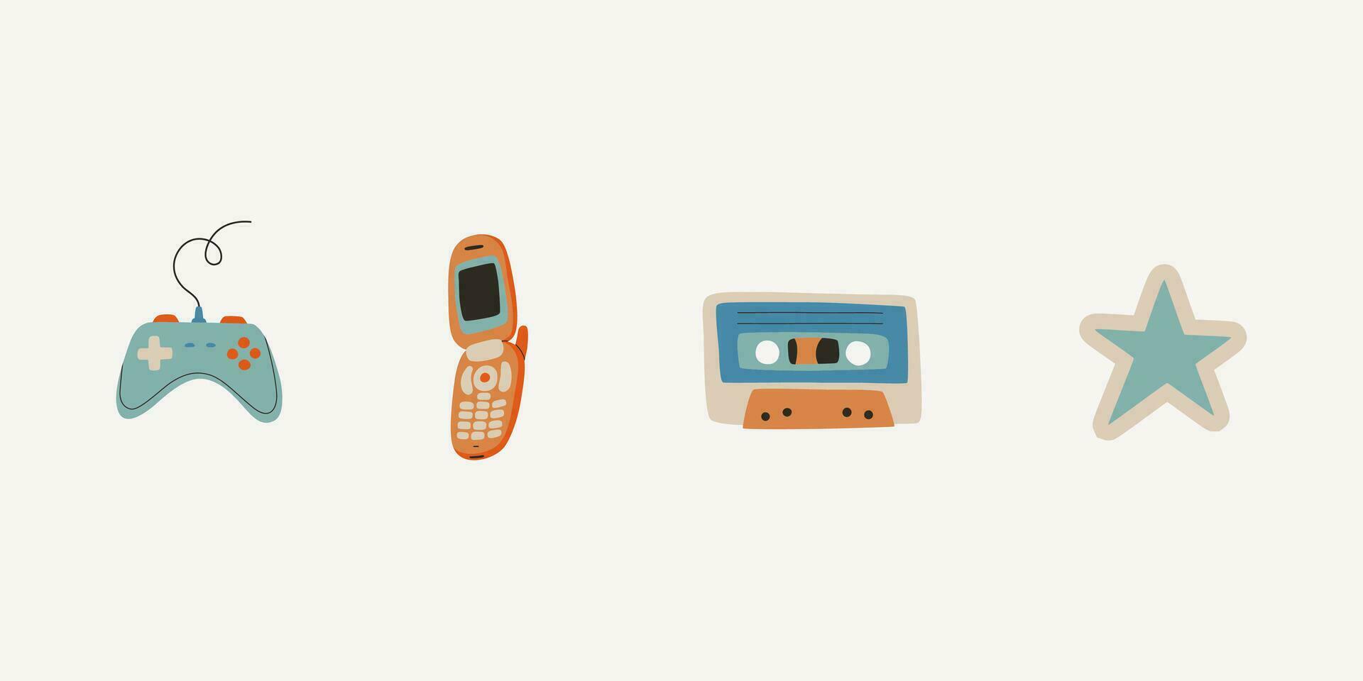 Set of retro elements from the 80s and 90s. Video game joystick, star, clamshell mobile phone, audio cassette. Vector flat trend illustration.