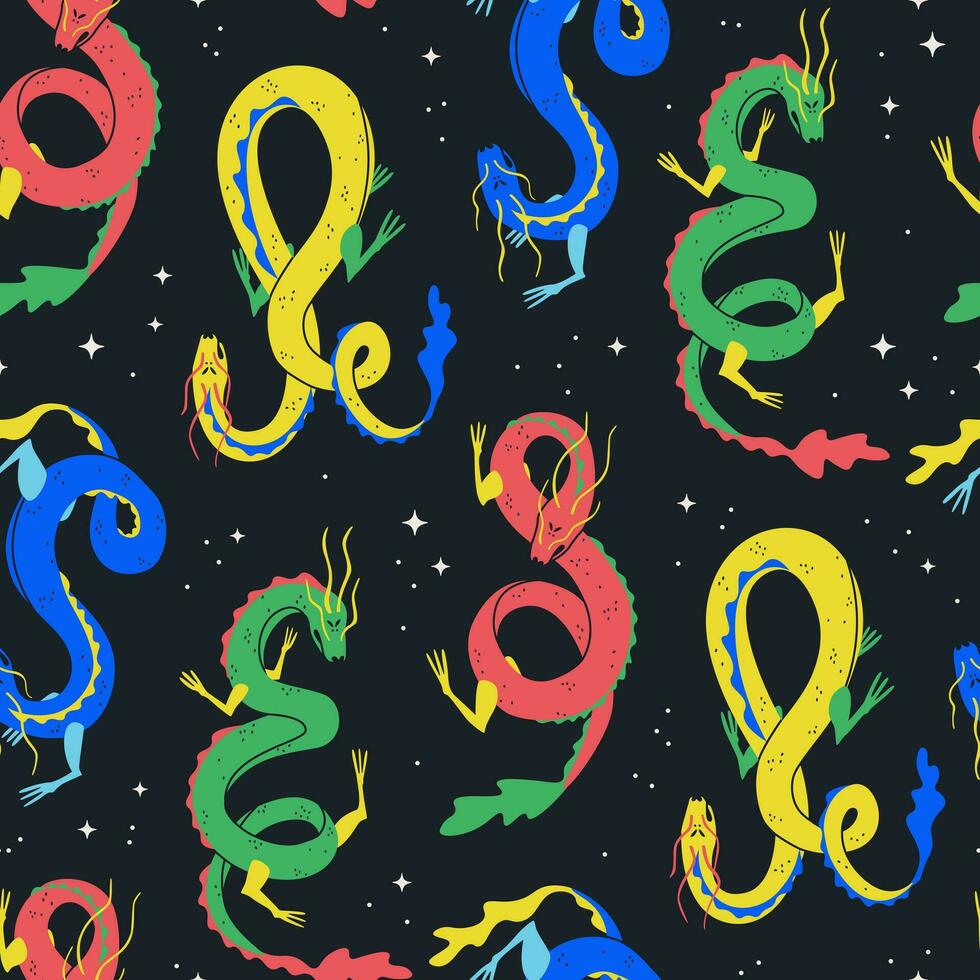 Seamless pattern with decorative Chinese dragons. Mythological creatures and sign of the Asian zodiac. Repeating elements on a black background for wallpaper printing, a template for textile vector