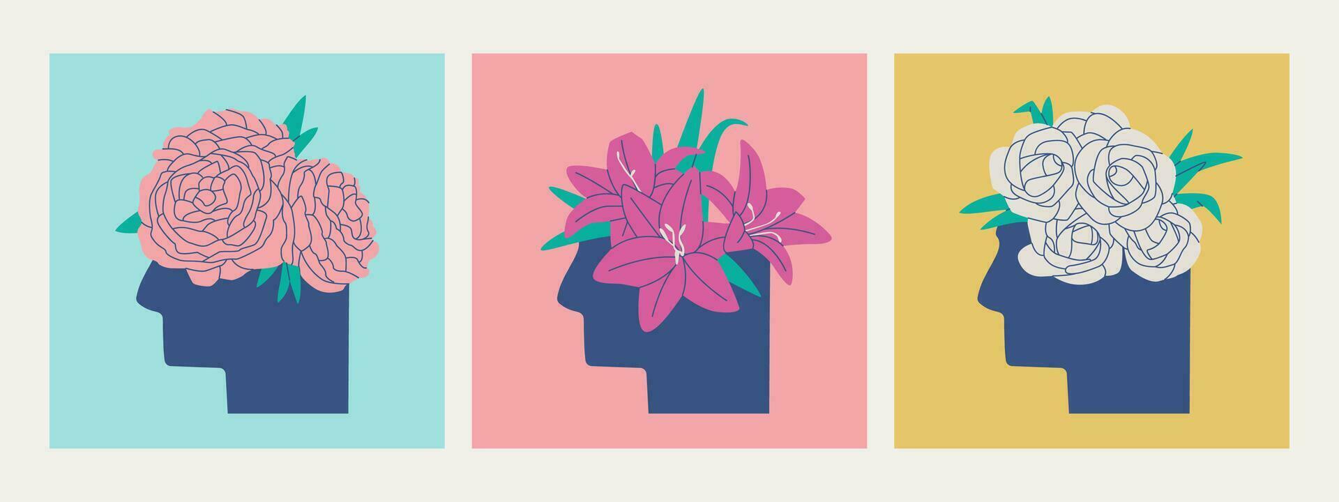 Silhouette of a human head with a bouquet of flowers inside. Bouquet of roses, lilies and peonies. Set of vector isolated illustrations. Mental health concept.