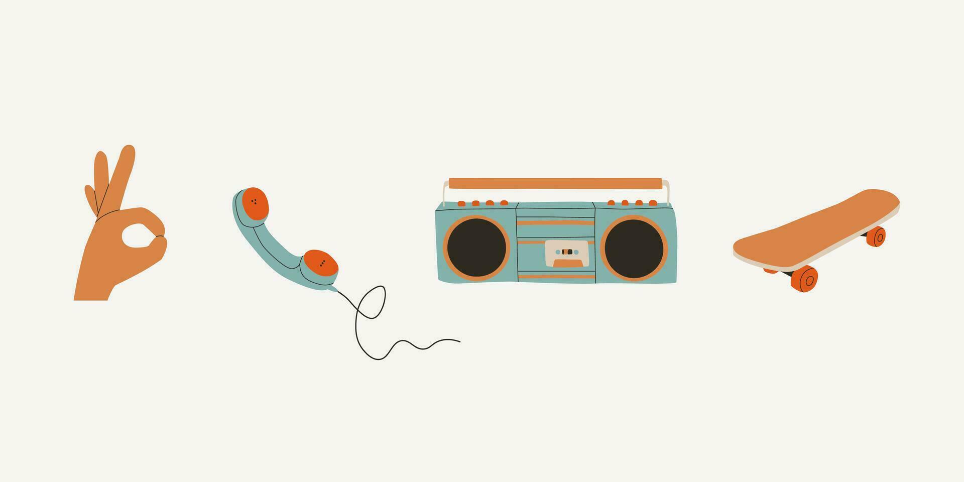 Set of retro elements from the 80s and 90s. Hand gesture ok, tape recorder, skateboard, telephone with a tube. Vector flat trend illustration.
