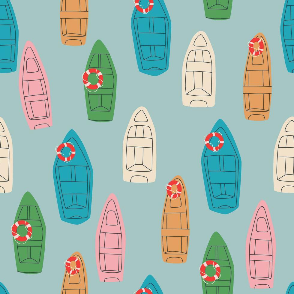 Different colorful river boats. Vector seamless pattern for design, printing, fabric printing templates.