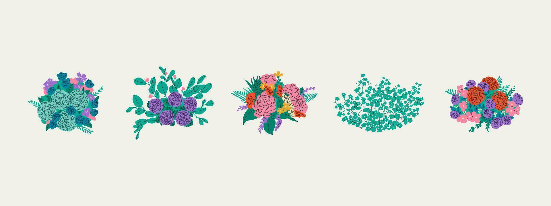 Set of five different flower bouquets. Beautiful peonies, roses, chamomiles, alstramerias, etc., collected in flower compositions. Vector flat isolated illustration for design.