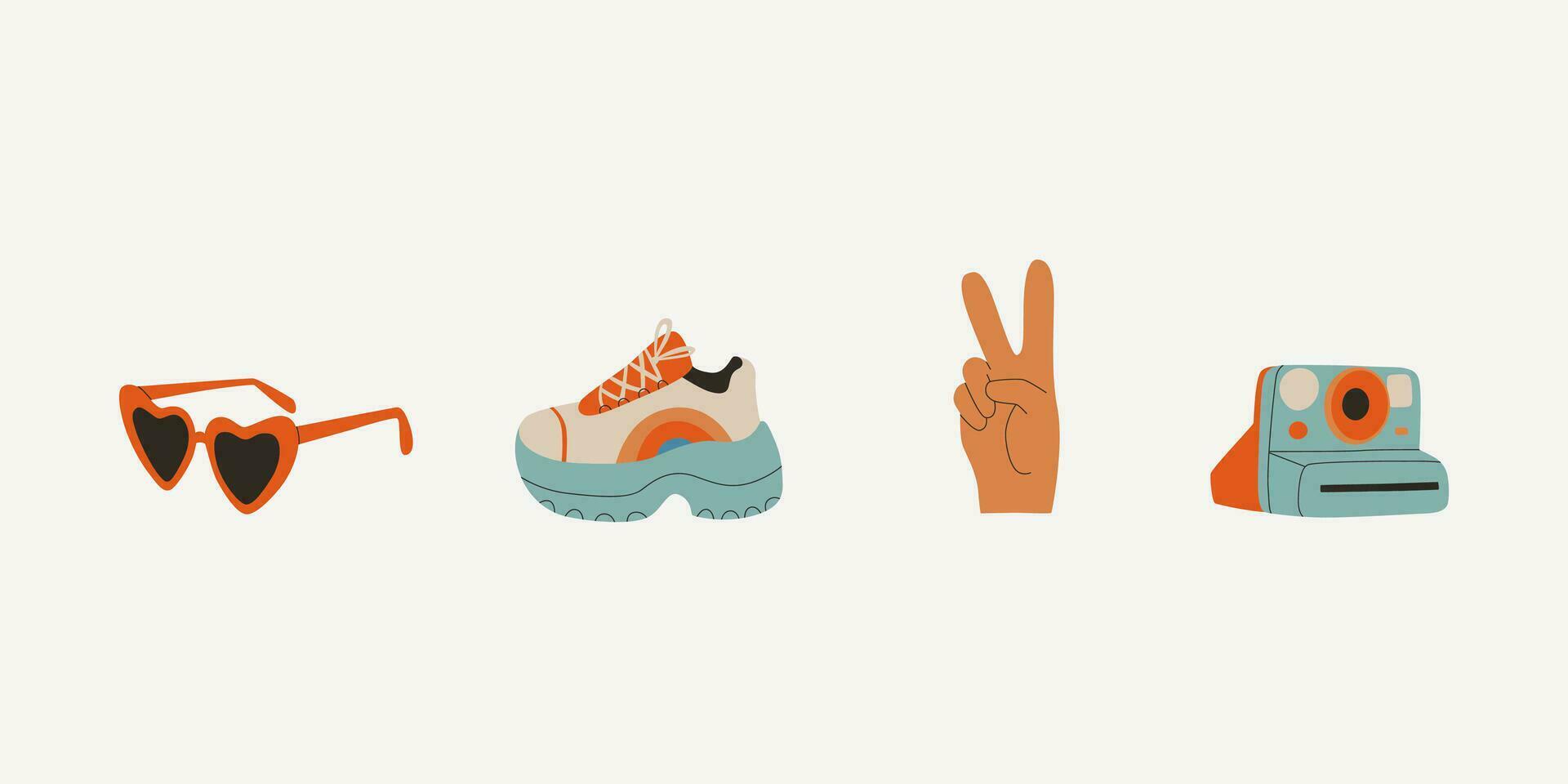 conjunto de retro elementos desde el Años 80 y años 90 mano gesto paz, corriendo zapatos, corazón anteojos, instante cámara. vector plano tendencia ilustración.