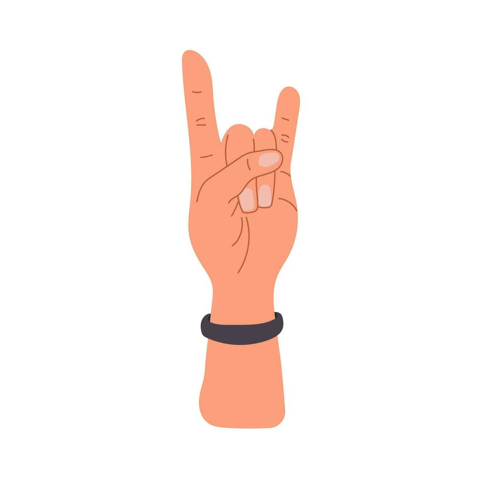 Hand raised up. Rock n Roll Hand Gesture Sign Unite. Human arms with accessories. Colored flat vector illustration isolated on white background
