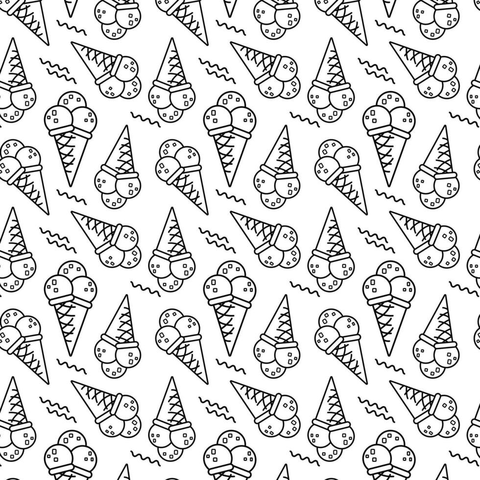 Seamless ice cream pattern. Ice cream in waffle cone.  Sweet summer dessert. Simple ice cream icon. Print for banners, design, decoration of street fast food cafe, street food. Vector illustration