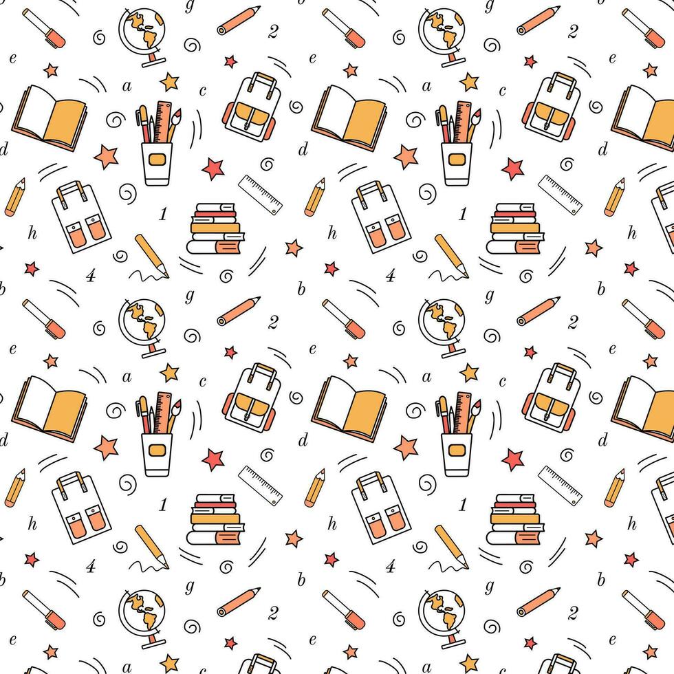 Seamless pattern of school stationery, educational supplies. Back to school concept. Linear vector drawing. Decoration, design for banners, paper, textiles, fabric, wallpaper. Vector illustration