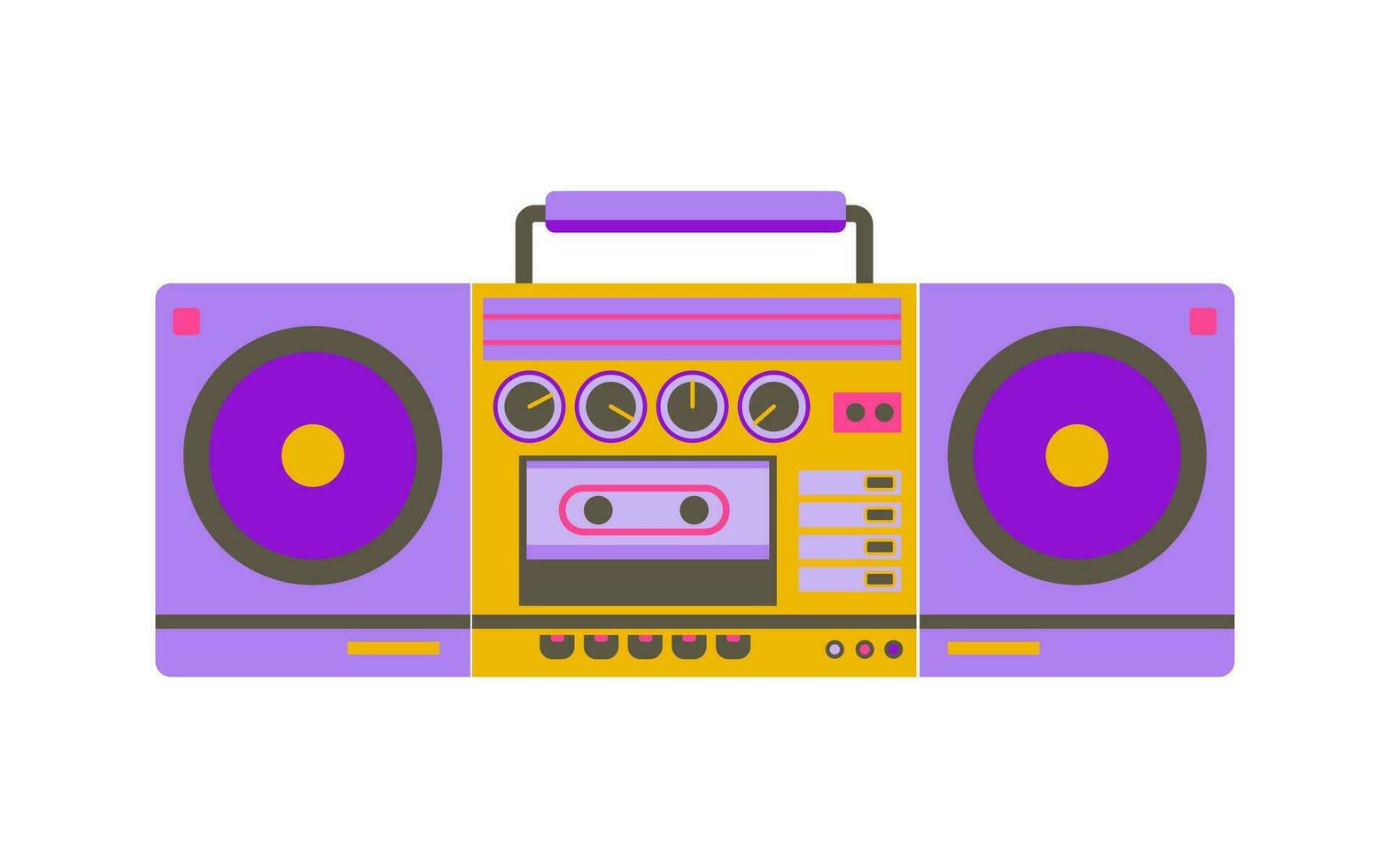 Retro cassette recorder. Music player. boombox 90s style. Back to 90s. Old fashioned vintage tape recorder. Portable music speakers. Nostalgia for 1990s, 2000s. Neon colors. Vector illustration