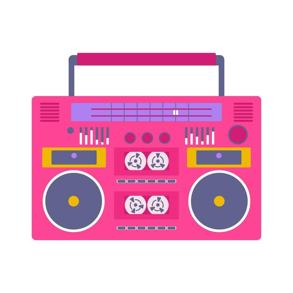 Bright pink retro cassette recorder. Music player. boombox 90s style. Back to 90s. Old fashioned vintage tape recorder. Nostalgia for 1990s, 2000s. Neon colors. Vector illustration