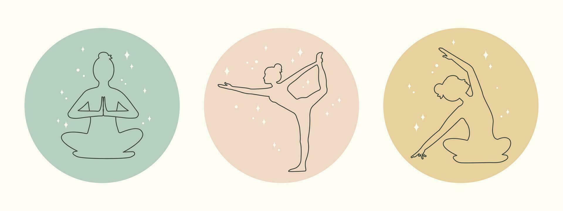 Set of female silhouettes meditating in lotus position. Symbol, logo, emblem, icon for web design, social media stories. Trendy minimal lineart style. Woman practices yoga asanas. Vector in boho style