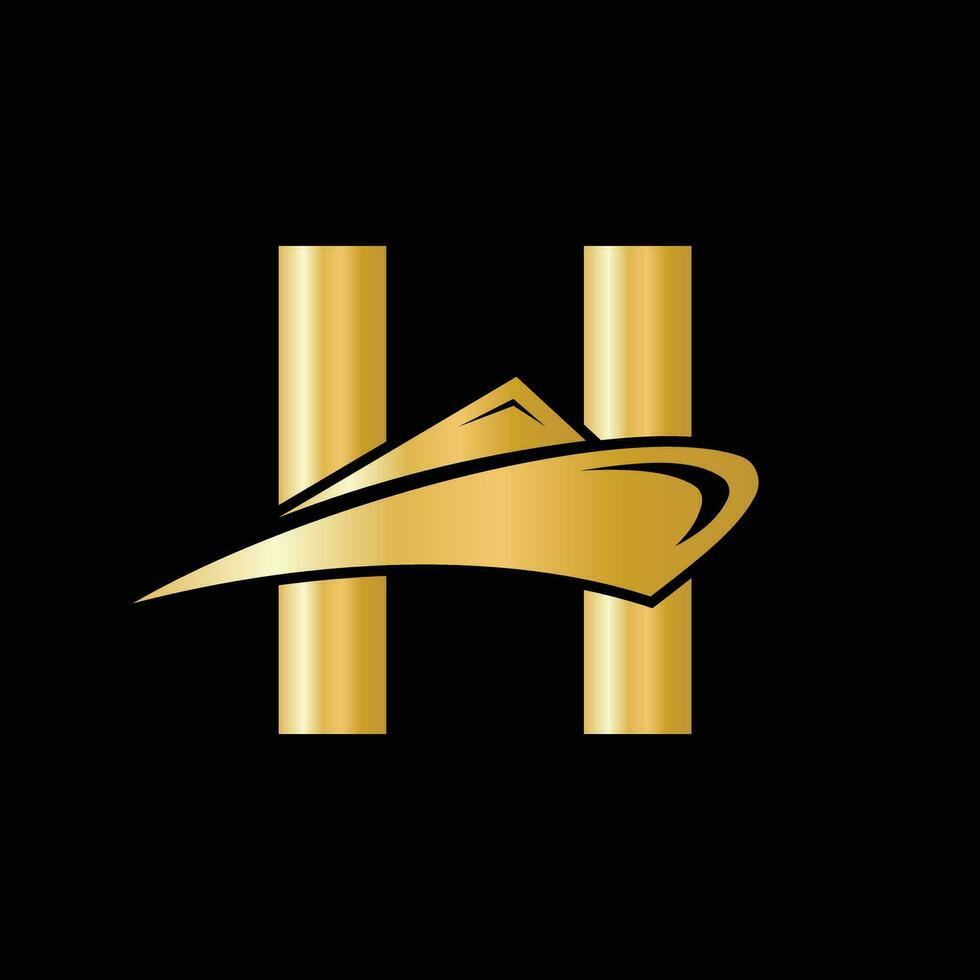 Letter H Cruise Ship Logo Boat Icon. Yacht Symbol, Marine Logotype Vector Template