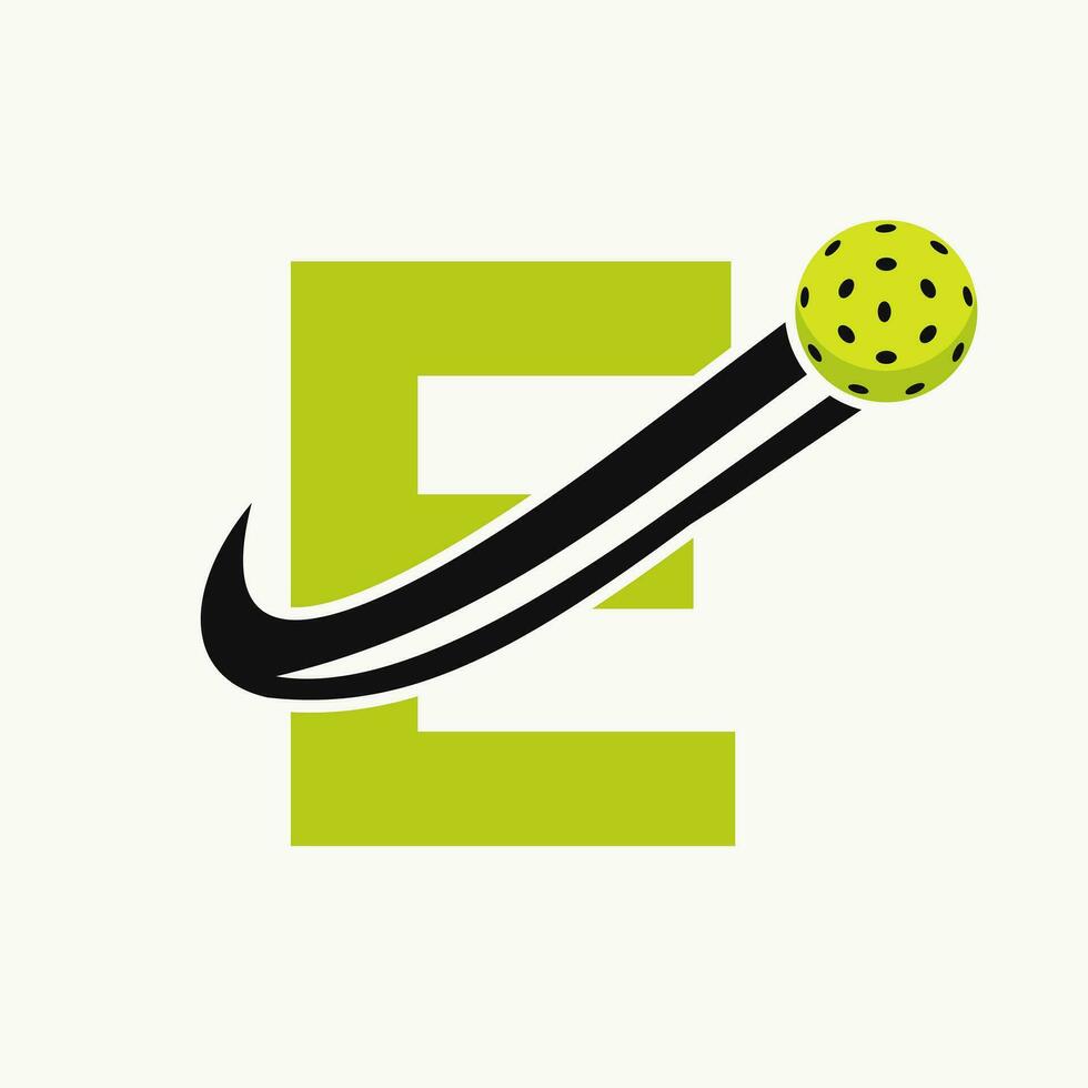 Letter E Pickleball Logo Concept With Moving Pickle Ball Symbol. Pickle Ball Logotype vector