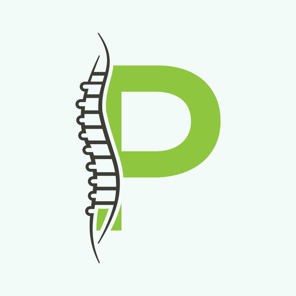 Letter P Orthopedic Health Bone Logo Design With Back Bone Icon. Bone Health Logo Sign vector