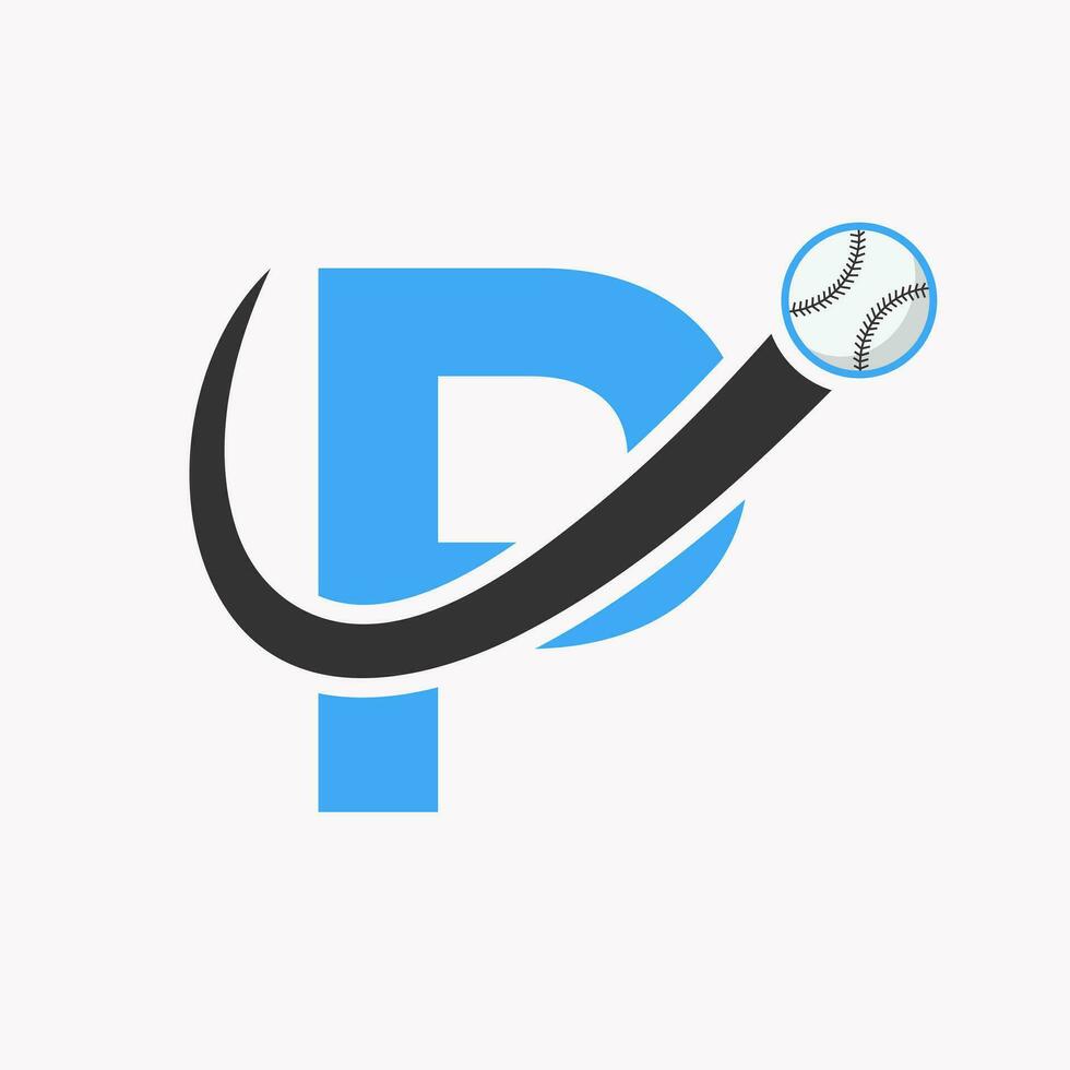 letra p concepto de logotipo de béisbol con plantilla de vector de icono de béisbol en movimiento